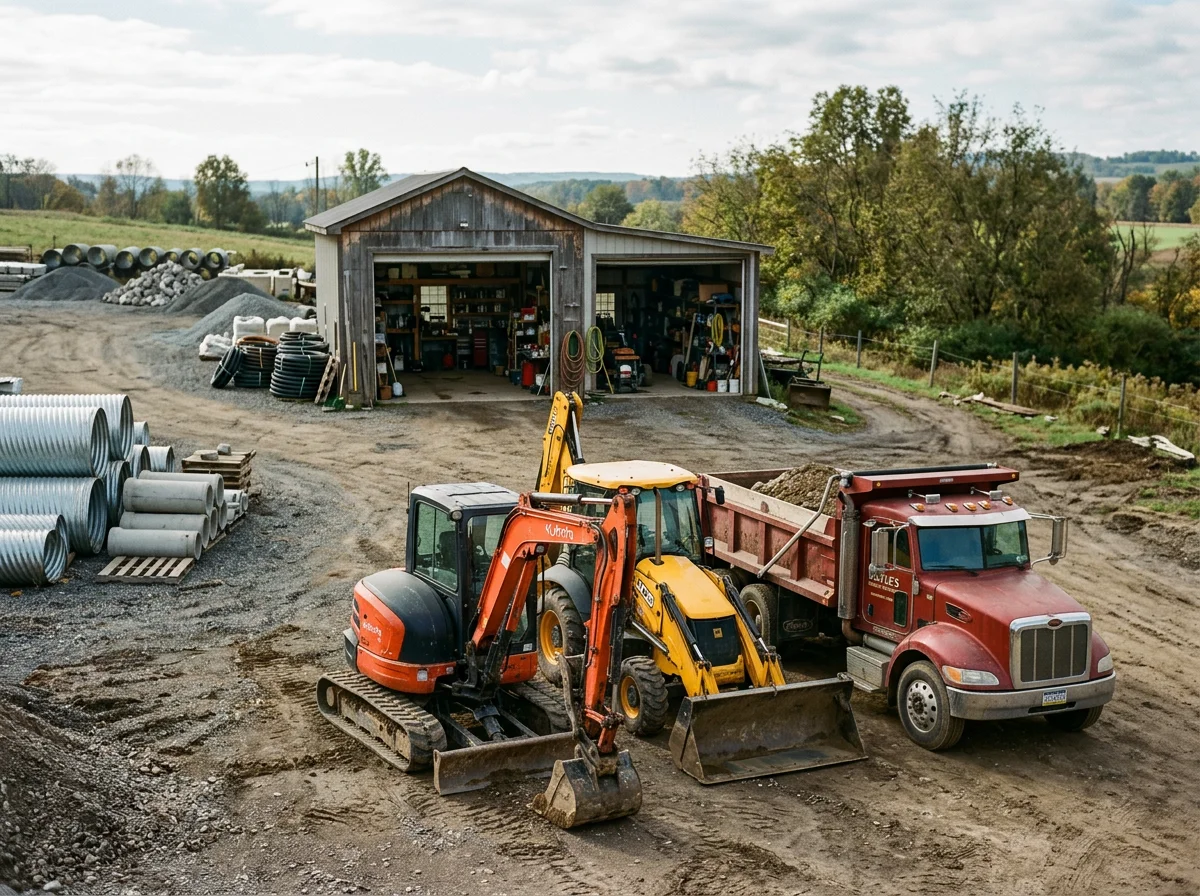 Heavy equipment and tools ready for excavation and site preparation work. Outdoor job site with machinery staged for construction.