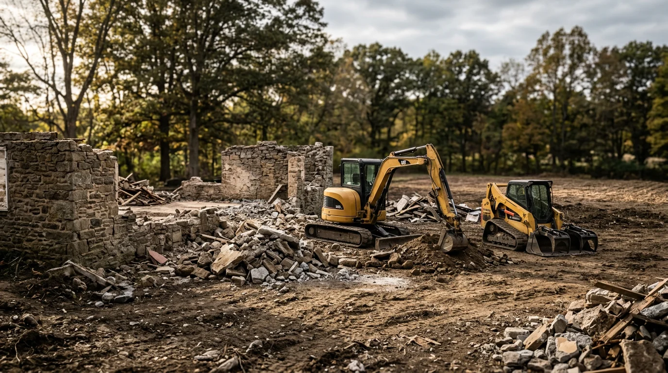 Demolition equipment removing residential structure