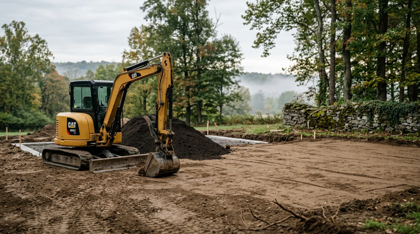 Excavator working on residential site preparation in Meadville area