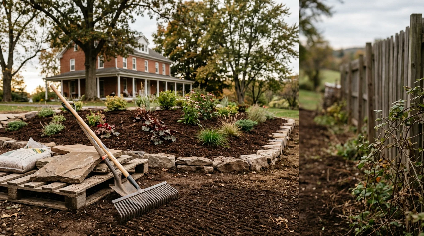 Residential landscape design with mulch and plantings