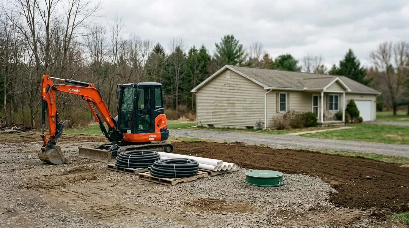 Septic system installation equipment on residential property