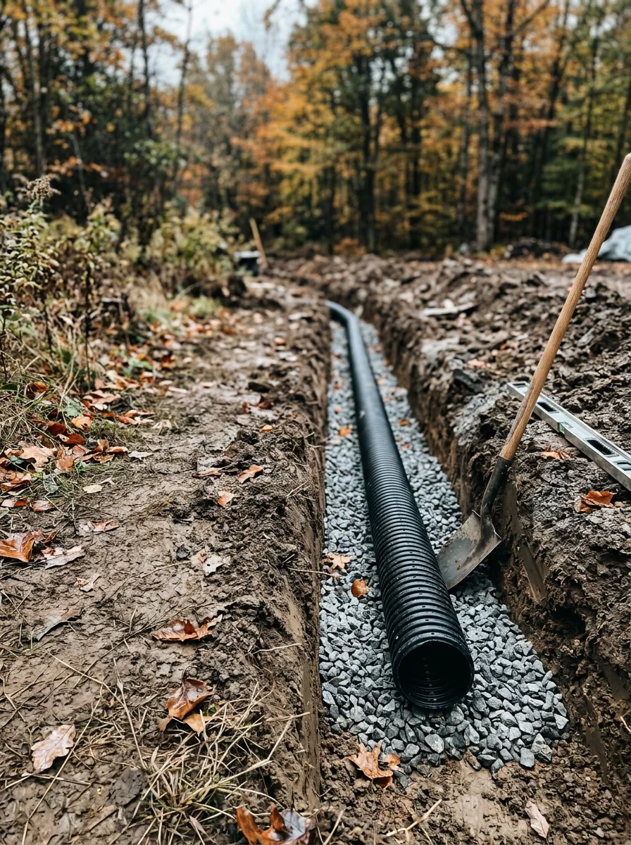 French drain installation in Barkeyville showing drainage pipe and gravel bed for seasonal water management