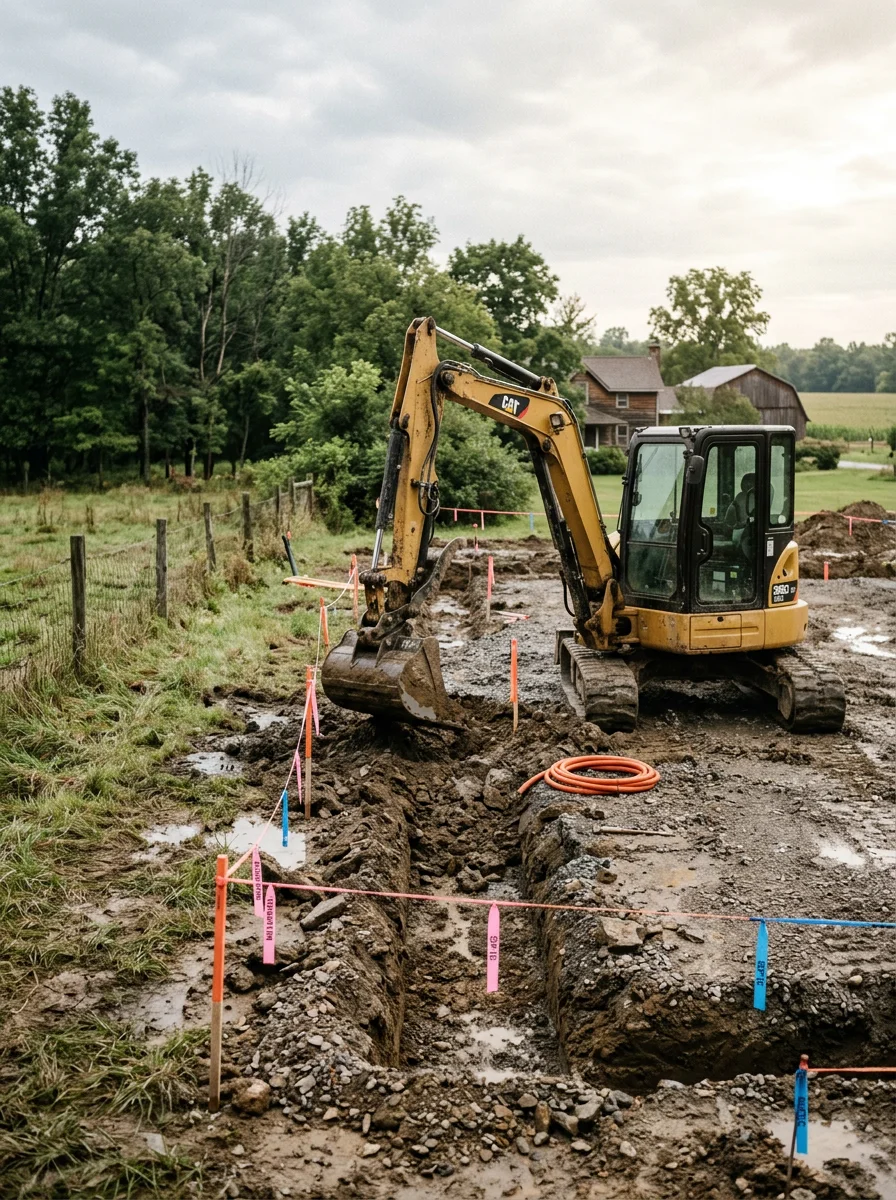 Excavation equipment preparing a residential site in Mercer County for foundation and septic system installation.