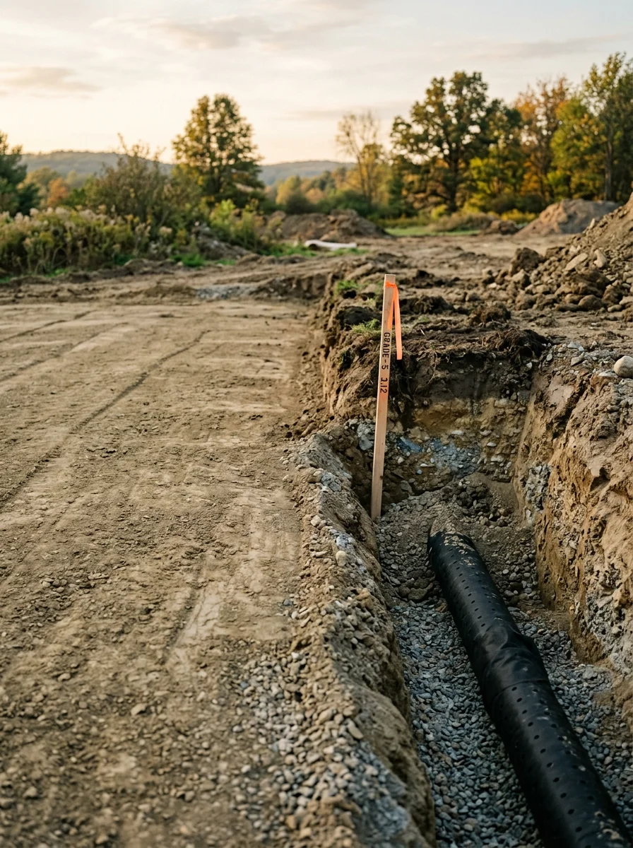 Close-up of glacial soil and drainage work during site excavation in Cochranton, showing proper grading for water management