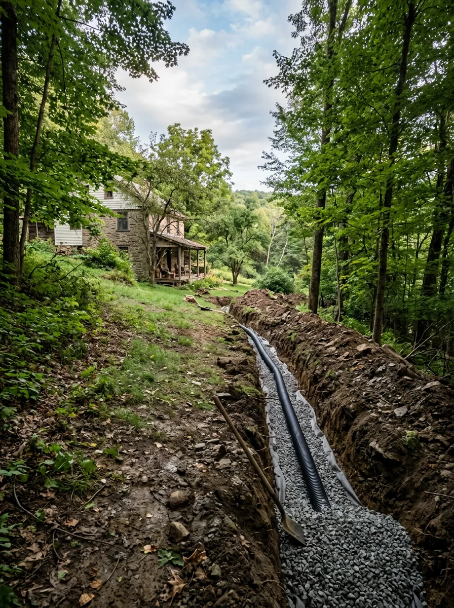 Installed French drain trench with perforated pipe on a hillside property in Cooperstown, Pennsylvania.