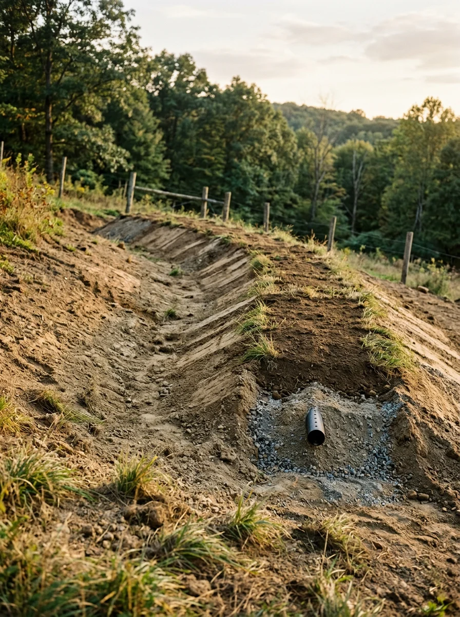 Septic system installation in progress on a Dempseytown property, showing sand mound construction for poor drainage conditions
