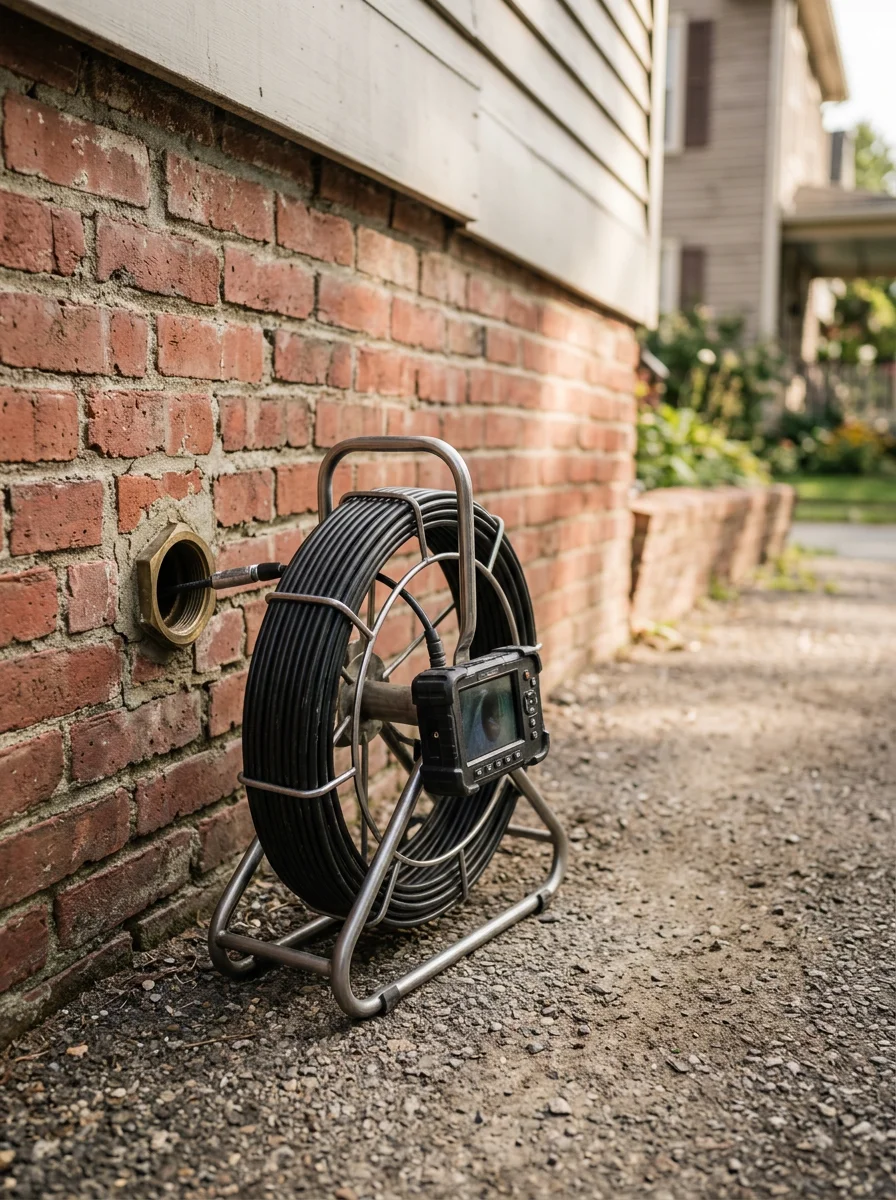 Sewer camera equipment staged at a cleanout on an older Franklin, Pennsylvania property with a brick foundation visible.