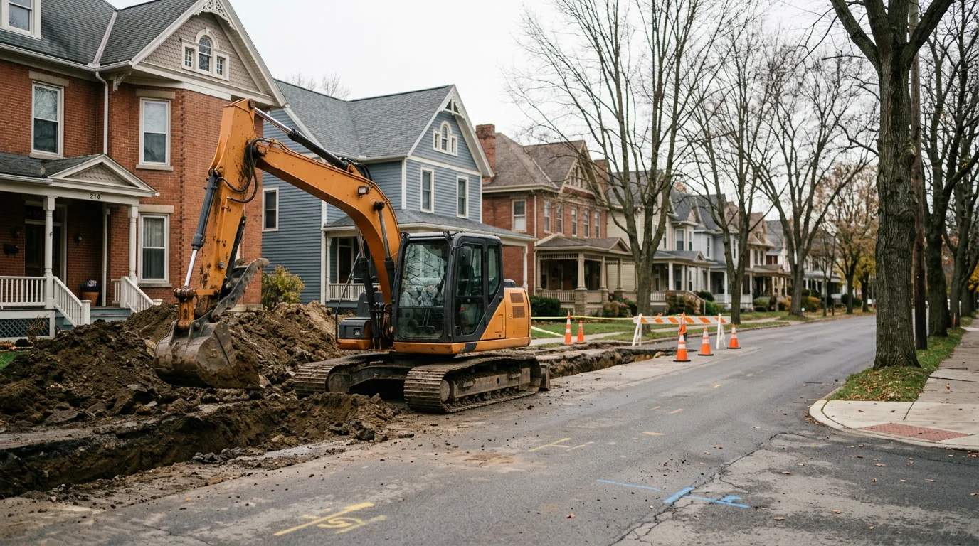 Excavator working on a sewer repair trench on a residential street in Franklin, PA with Victorian-era homes visible along the block.