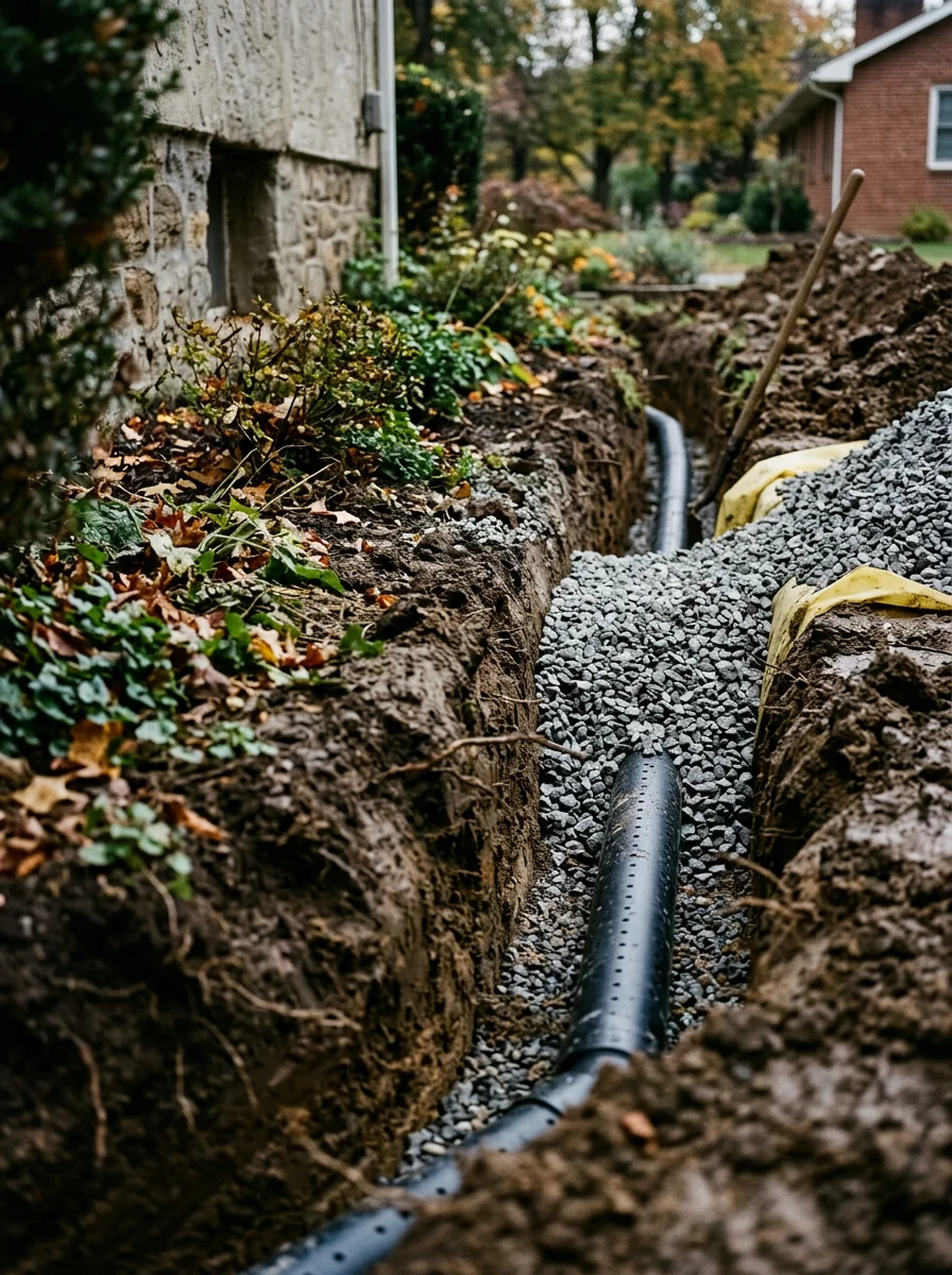 French drain installation on clay soil property in Fredonia, Mercer County