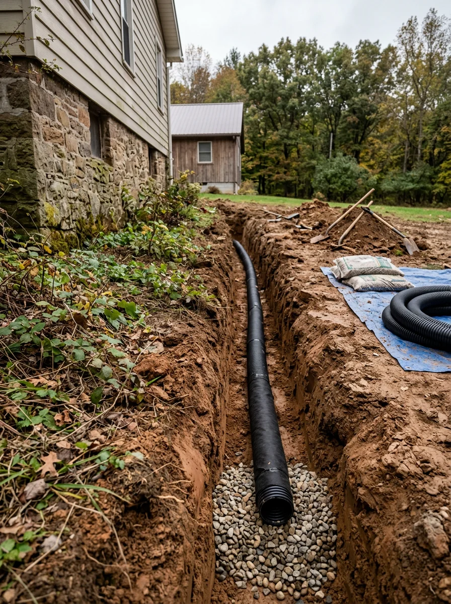French drain installation in poorly drained Crawford County soil with water management focus