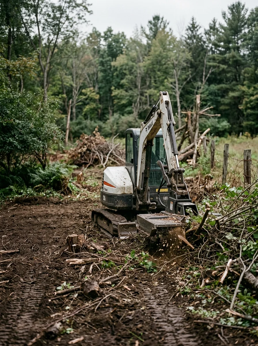 Land clearing in progress on a wooded rural lot near Hadley, Pennsylvania with a brush hog attachment working through heavy overgrowth before excavating begins.