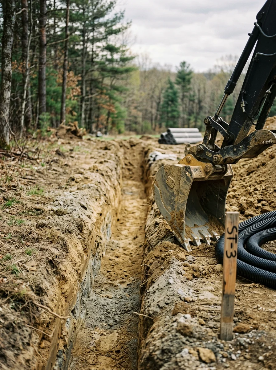 Septic system installation in progress on a large rural property near Harrisville, Pennsylvania with exposed glacial-till soil in the excavated trench.