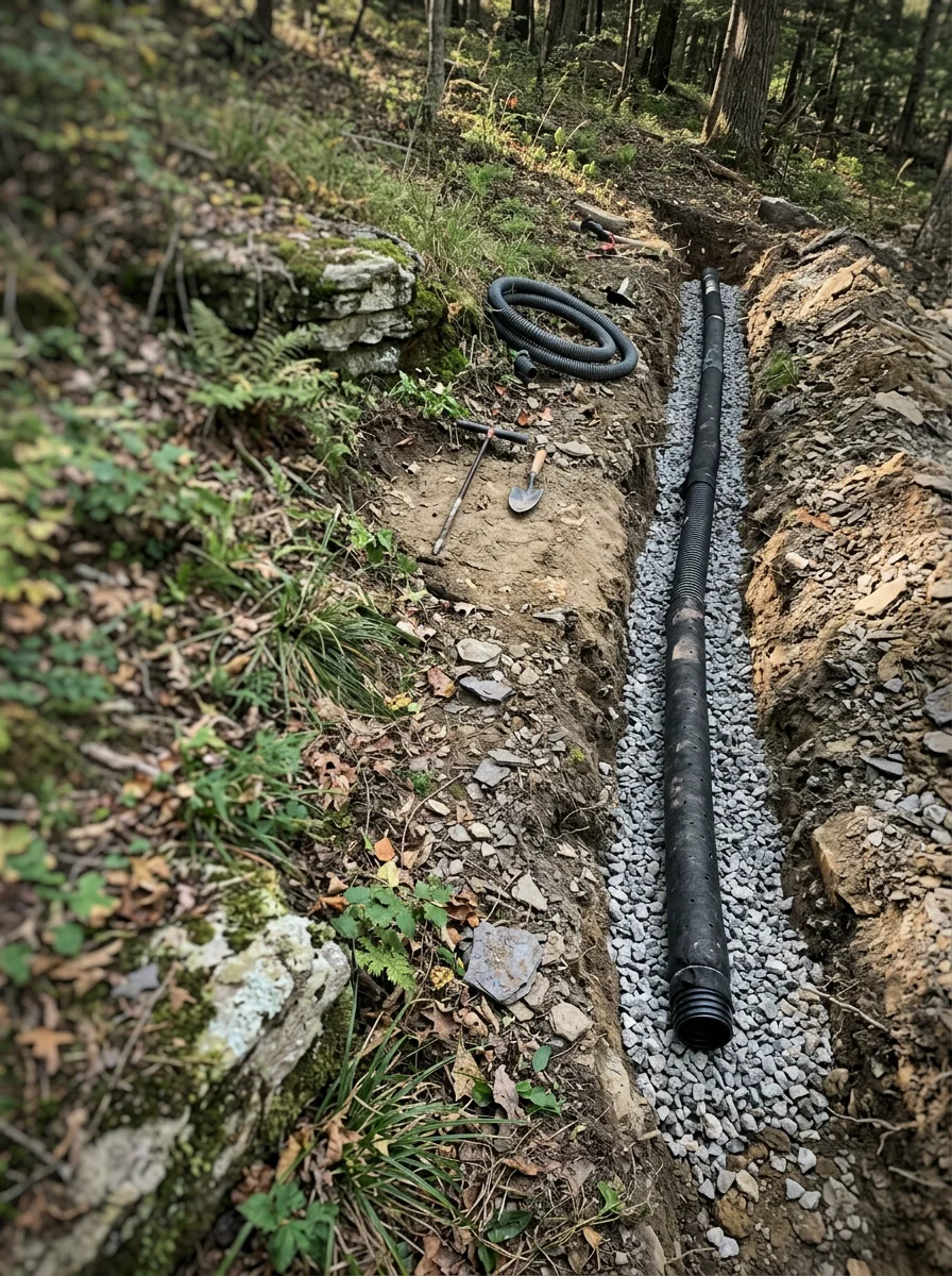 French drain installation on hillside property in Kennerdell showing water management system in rocky Venango County soil
