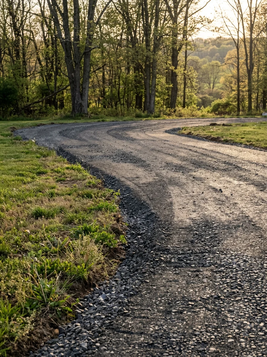 Completed driveway excavation and base preparation on a Meadville, Pennsylvania property with Crawford County rolling terrain in the background.