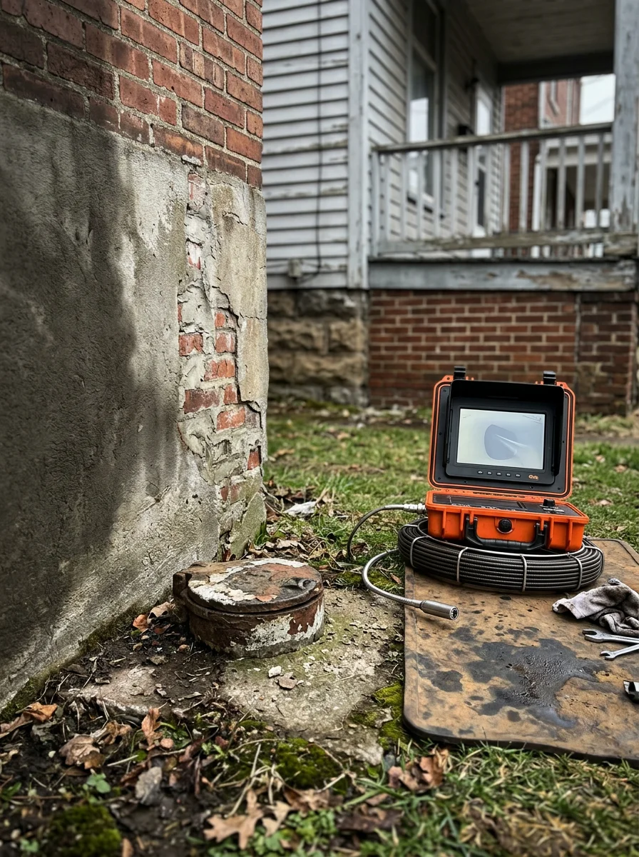 Sewer camera inspection equipment at a cleanout access point on an older Oil City, Pennsylvania residential property.