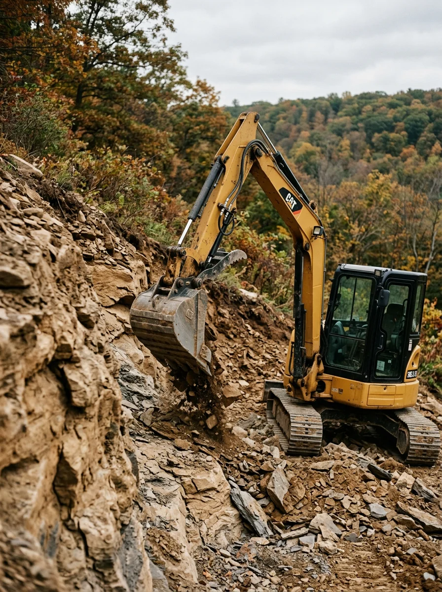 Excavation equipment working on sloped terrain with sandstone and shale bedrock exposed