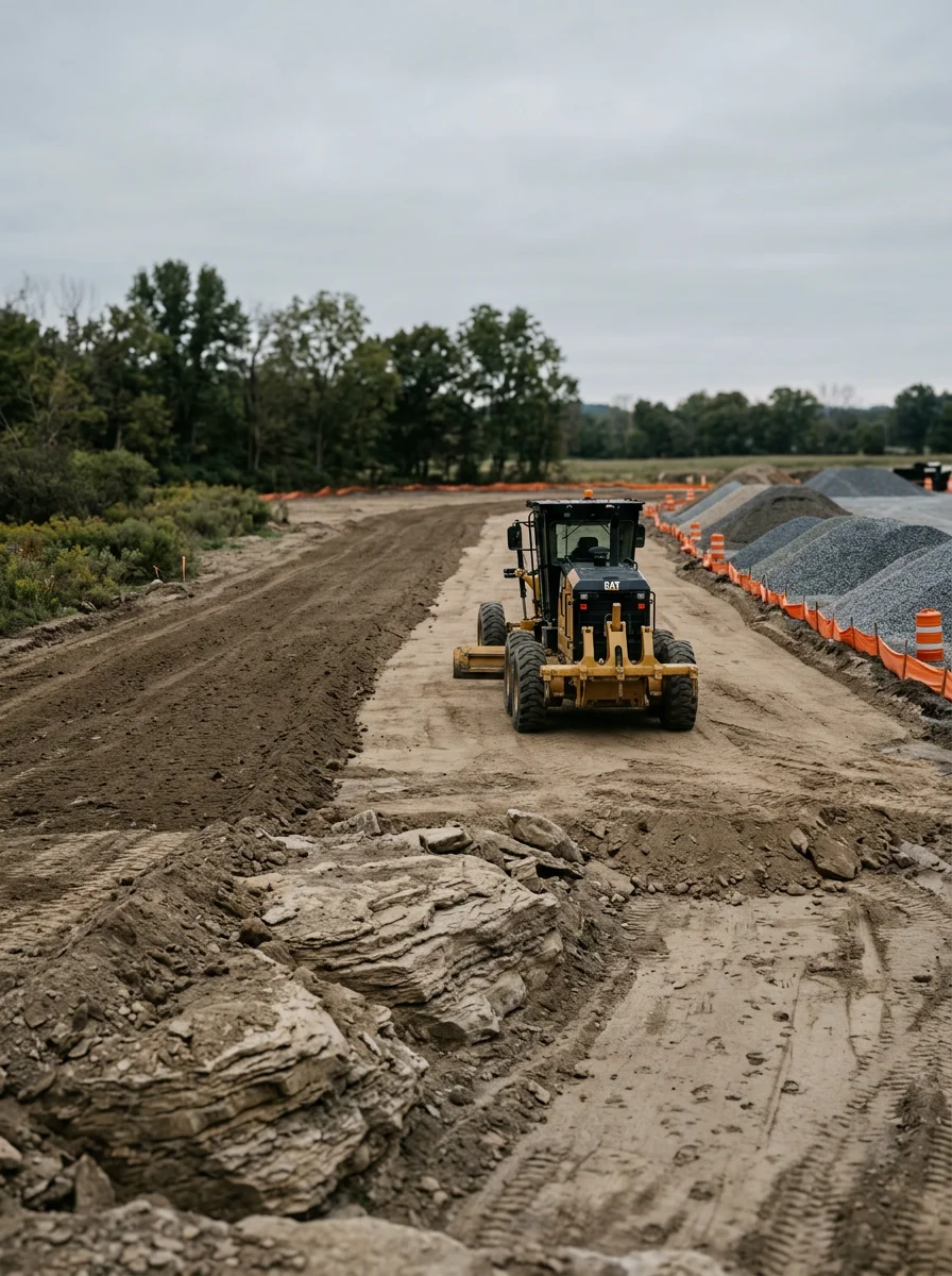 Grading equipment managing glacial till and sandstone bedrock during site preparation in Rocky Grove, Sugarville area