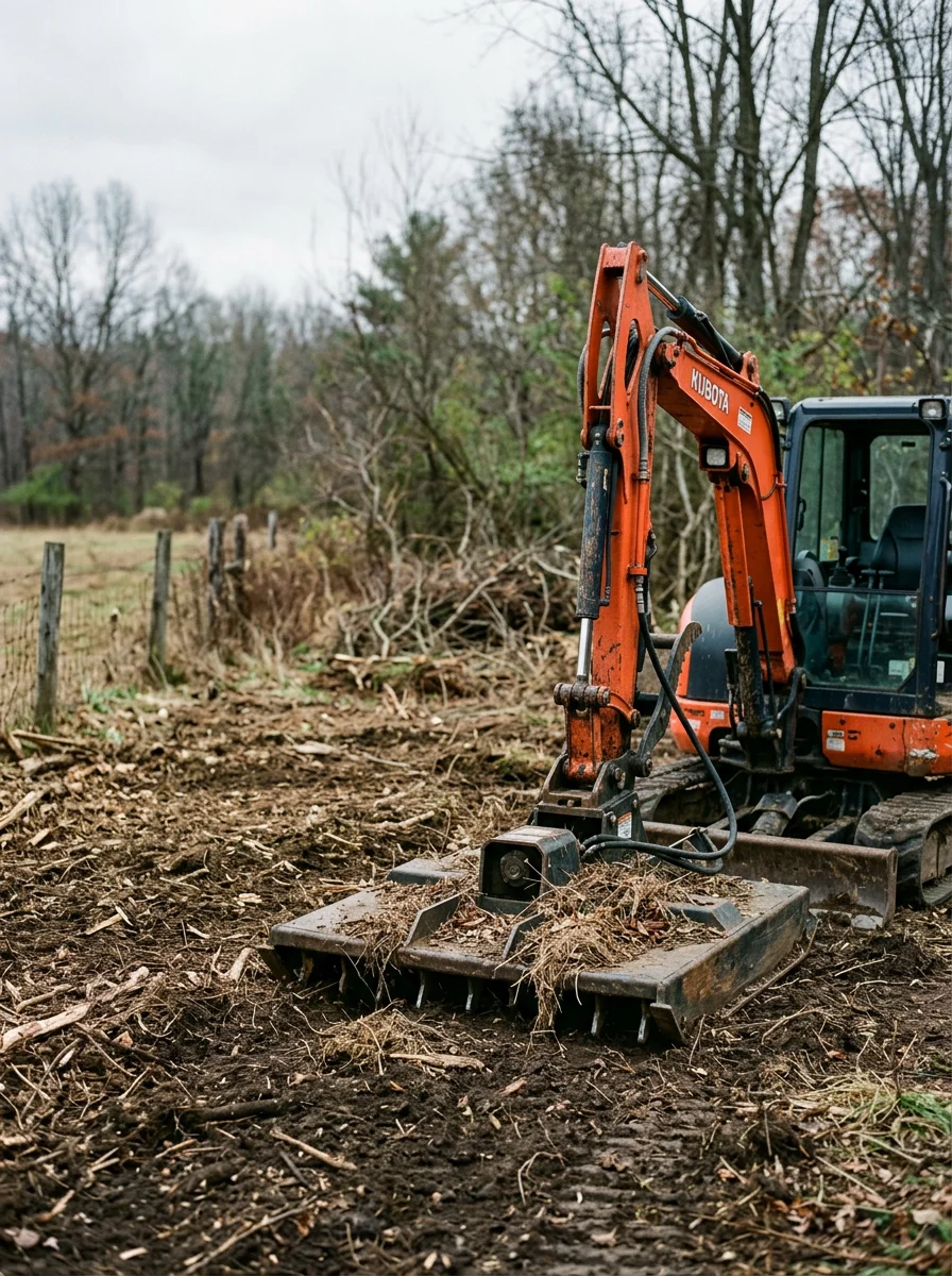 Brush hog clearing overgrown vegetation on a rural Sandy Lake, Pennsylvania lot before excavating and driveway installation begins.