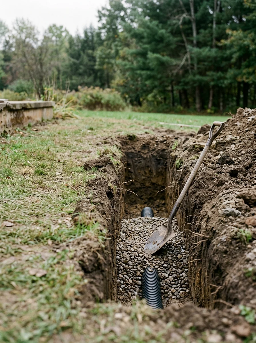 French drain installation on a Seneca property showing drainage pipe and gravel bed in clay soil