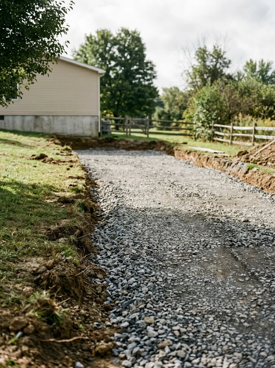 Driveway base excavation on a Stoneboro, Pennsylvania property showing the drainage layer installation before gravel and surface material are applied.