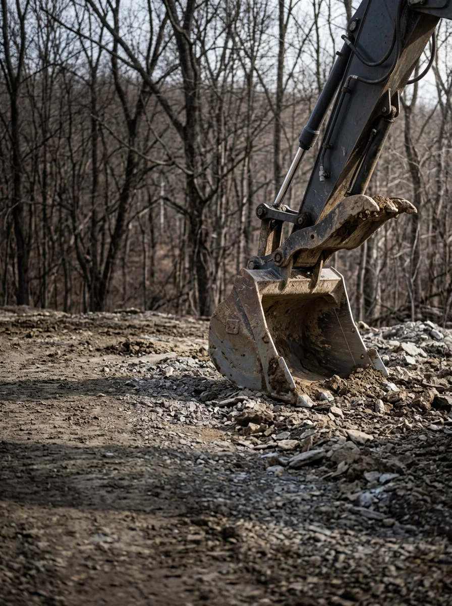 Excavator working on site preparation in rocky Venango County soil with winter-bare trees in background
