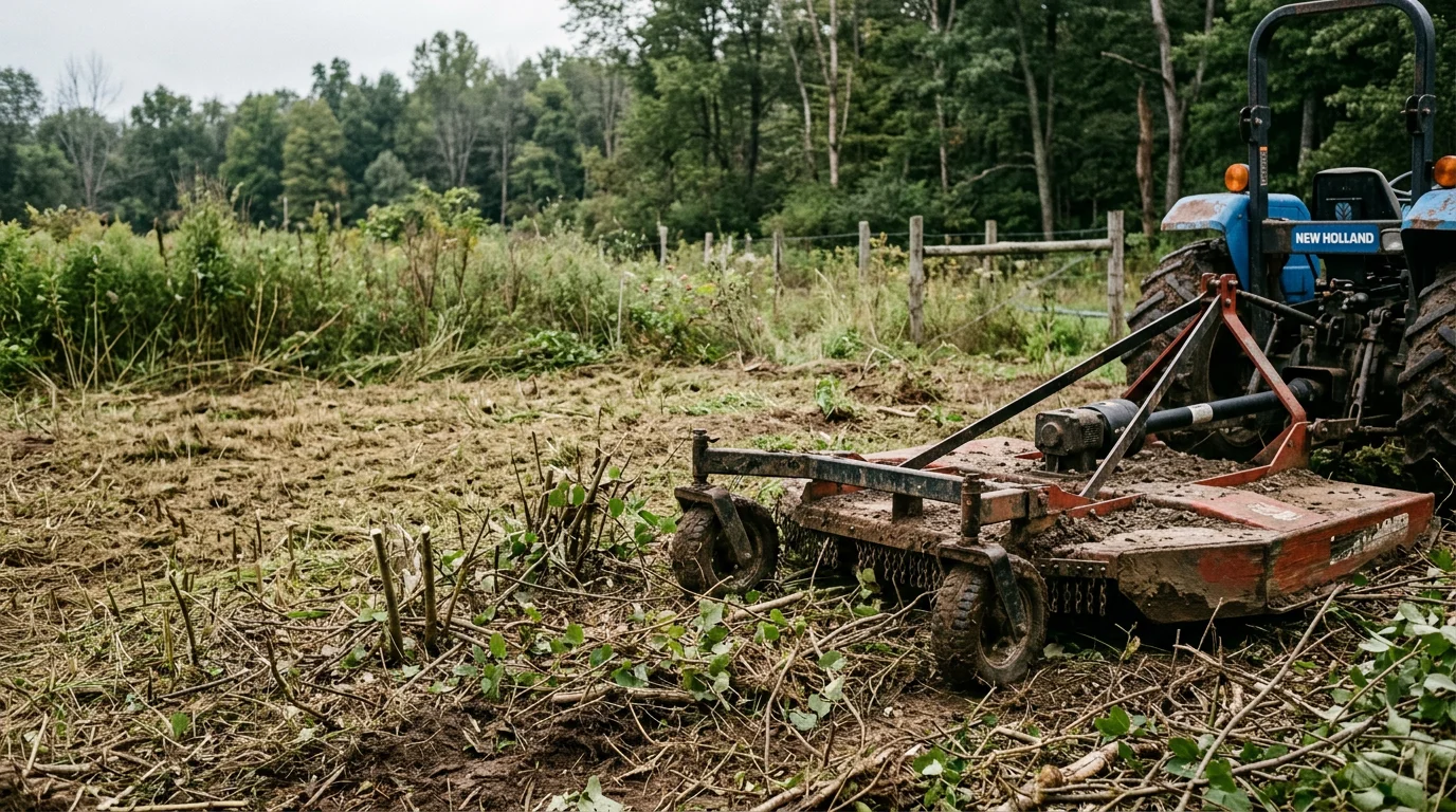 A brush-hogged rural field in Cooperstown, Pennsylvania, showing short stubble and open ground after heavy rotary cutting cleared tall grass, briars, and overgrown brush. A cleared fence line runs along the property edge with restored sight lines across the lot.