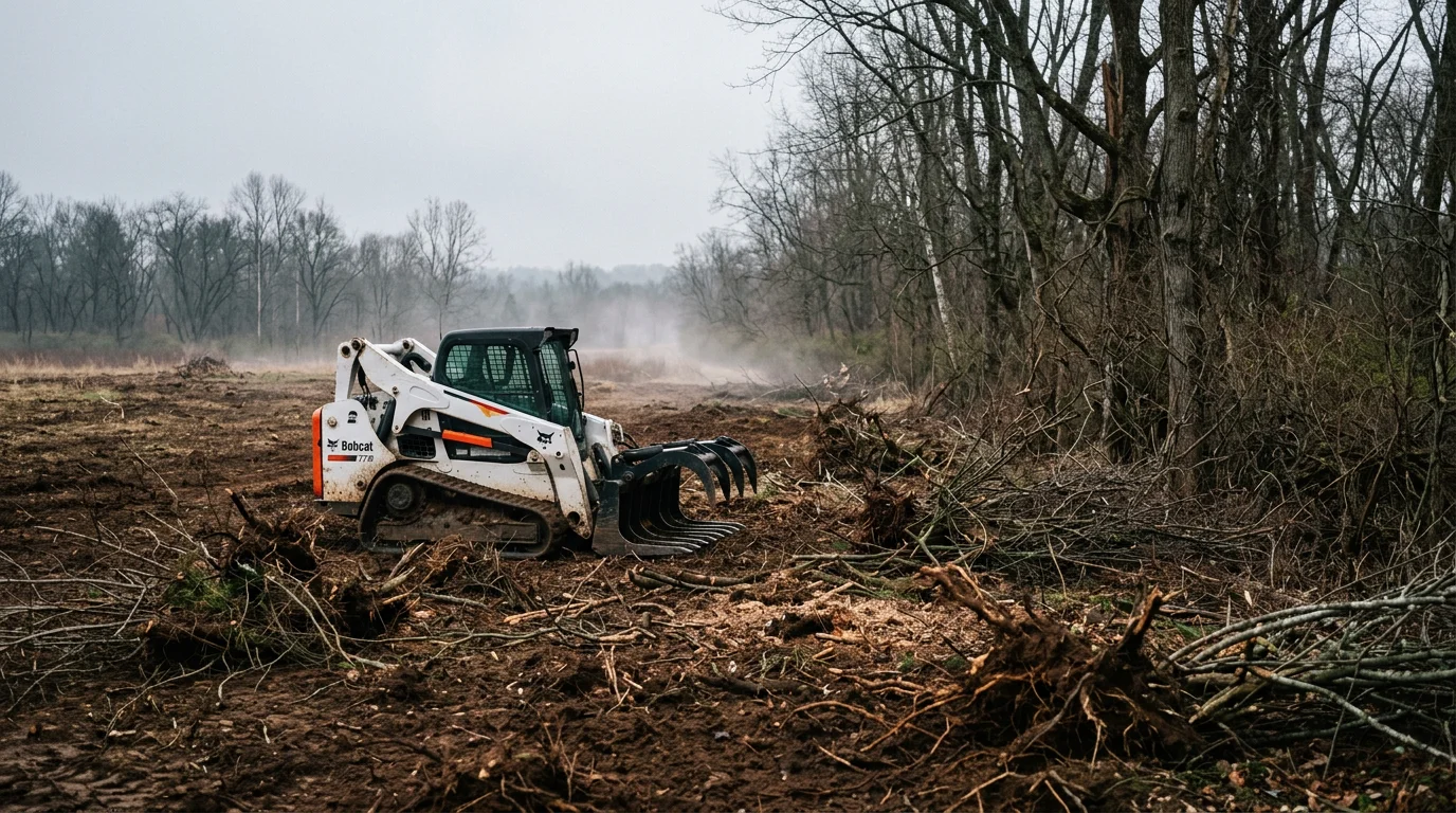 Cleared residential property in Cooperstown, PA showing open ground after brush and overgrown shrubs were fully removed. Dense thicket along the lot edge has been cut and hauled away, leaving visible property lines and usable open space.