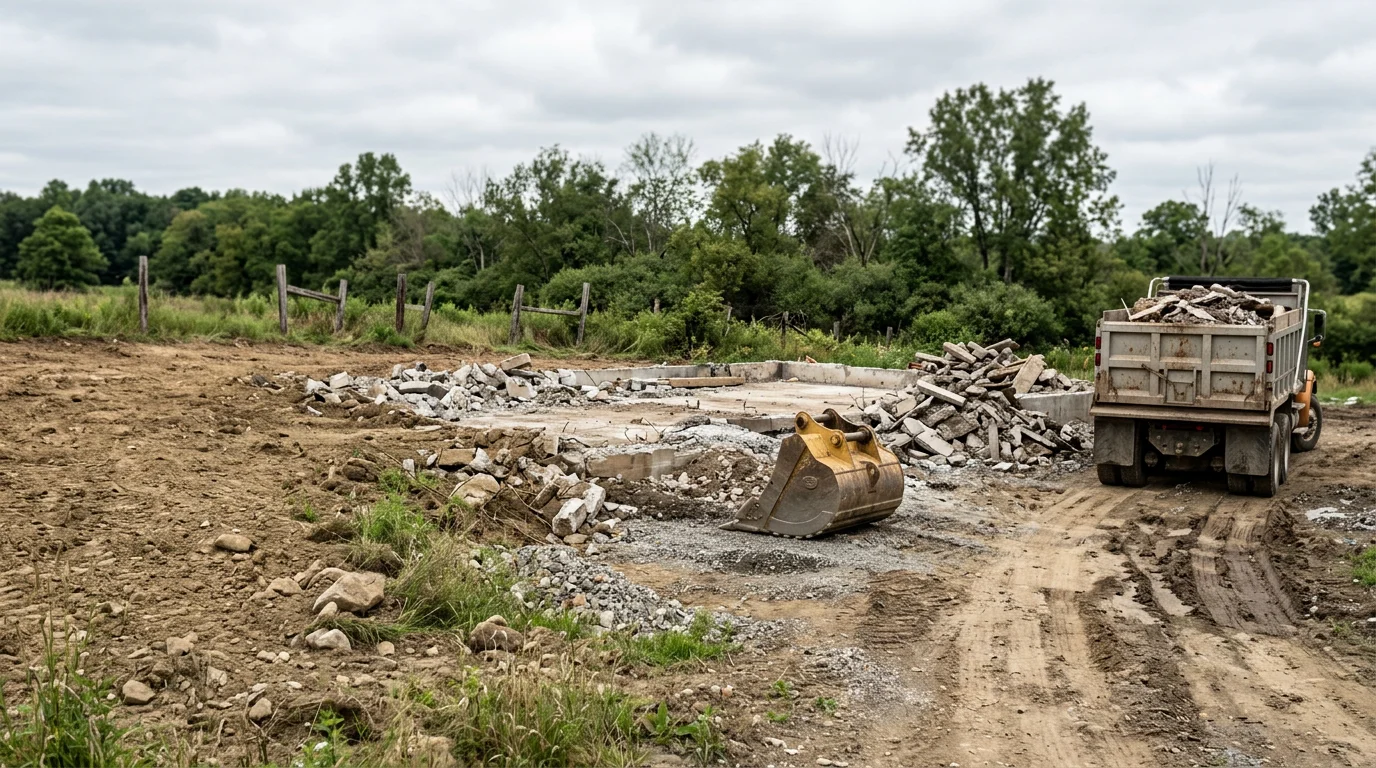 A residential building in a rural Venango County setting being torn down by demolition equipment, with debris cleared to one side and open land visible around the structure. The scene reflects a full structural teardown typical of building demolition work in the Cooperstown, Pennsylvania area.