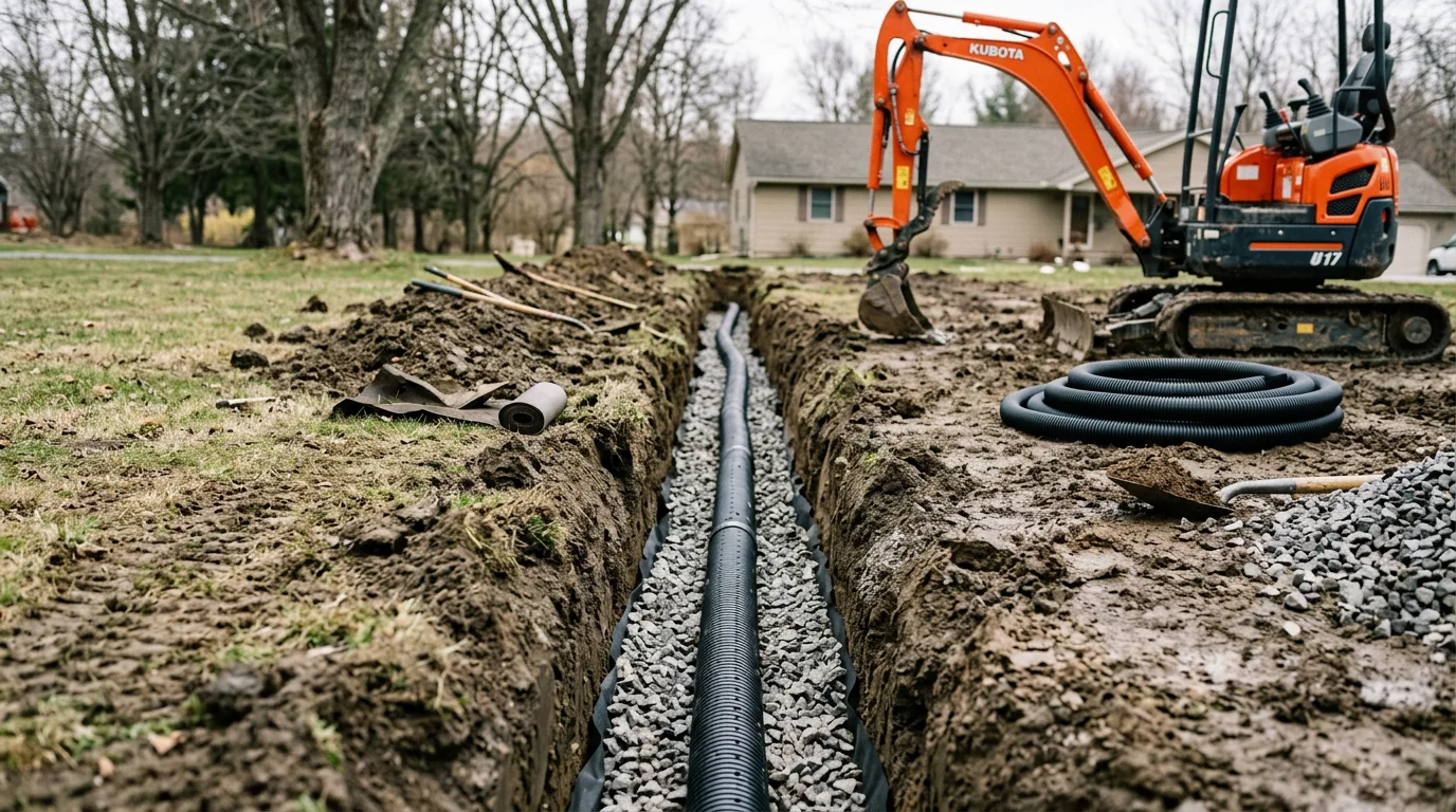 A freshly excavated French drain trench filled with clean gravel and a perforated pipe running along the side of a rural residential property in Cooperstown, Pennsylvania. The surrounding yard shows heavy clay soil typical of the Venango County area.