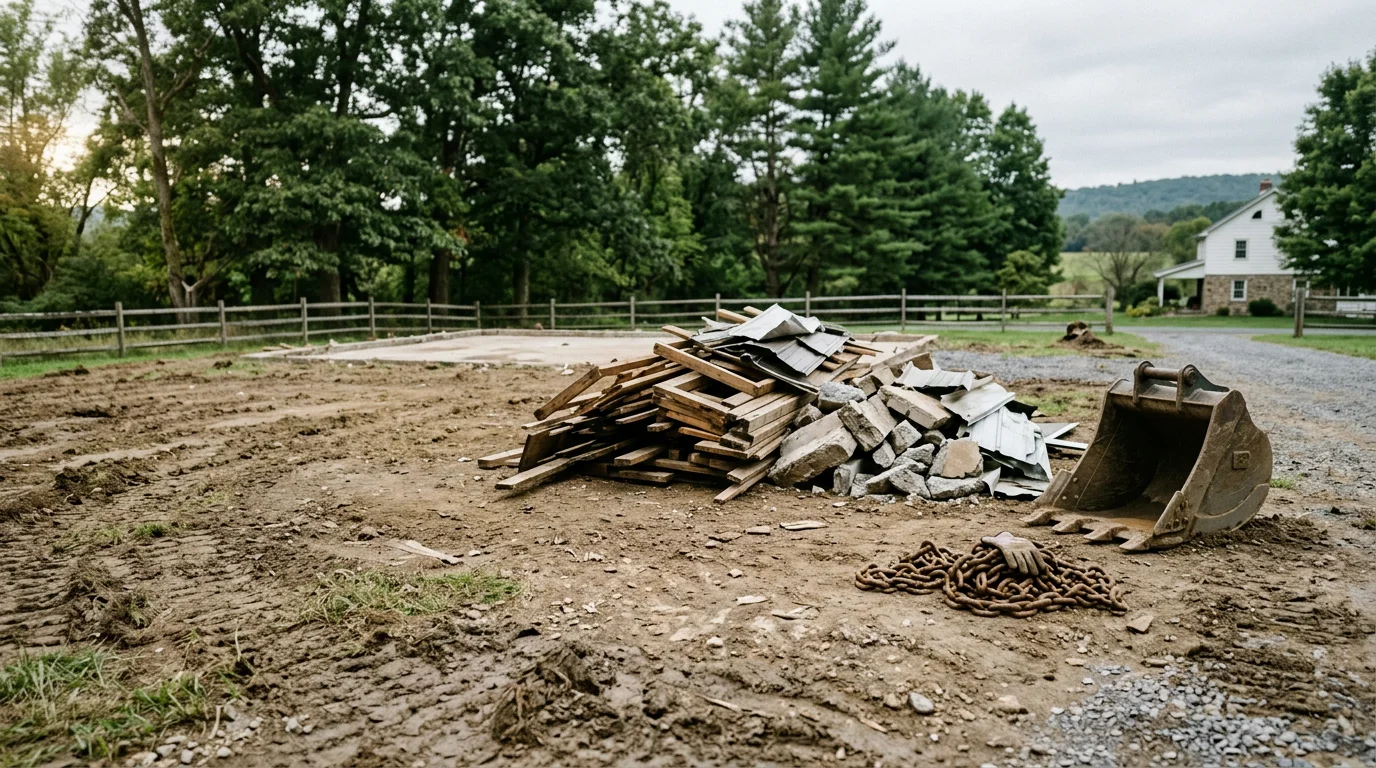 A cleared residential lot in Cooperstown, Pennsylvania after a detached garage was fully removed, showing a clean gravel and dirt footprint with no remaining structure or debris. A western Pennsylvania rural property line and tree line are visible in the background.