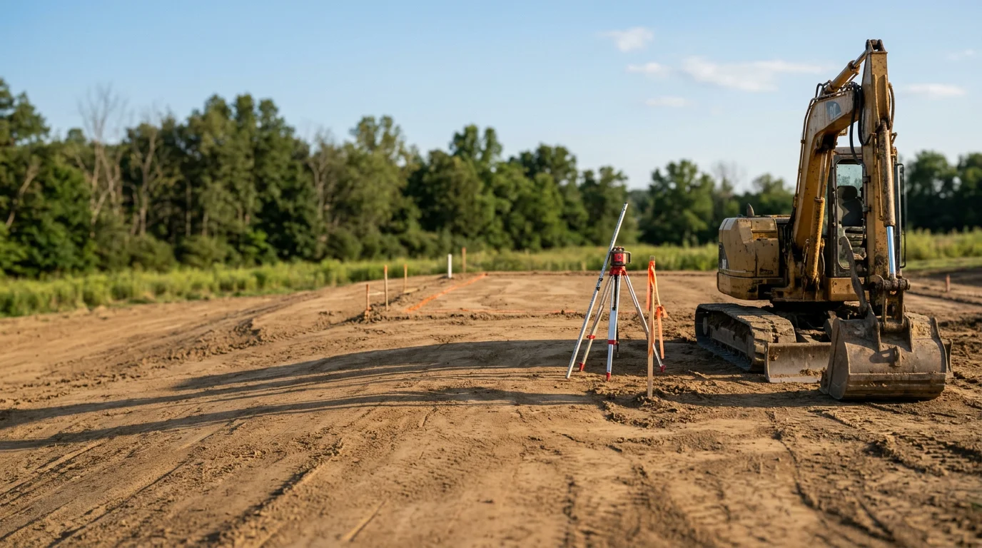 A tracked excavator grading and leveling a sloped rural property in Cooperstown, Pennsylvania, with freshly moved soil shaped into a smooth, even surface. The surrounding landscape shows the rolling terrain and tree lines typical of northwestern Pennsylvania.