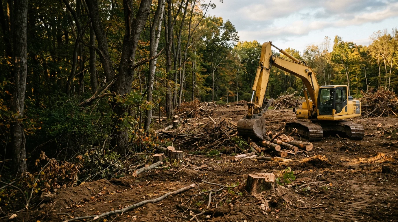 A cleared wooded lot in Cooperstown, Pennsylvania with trees and overgrown vegetation removed, leaving open ground ready for construction or fencing. Venango County rolling terrain is visible in the background.