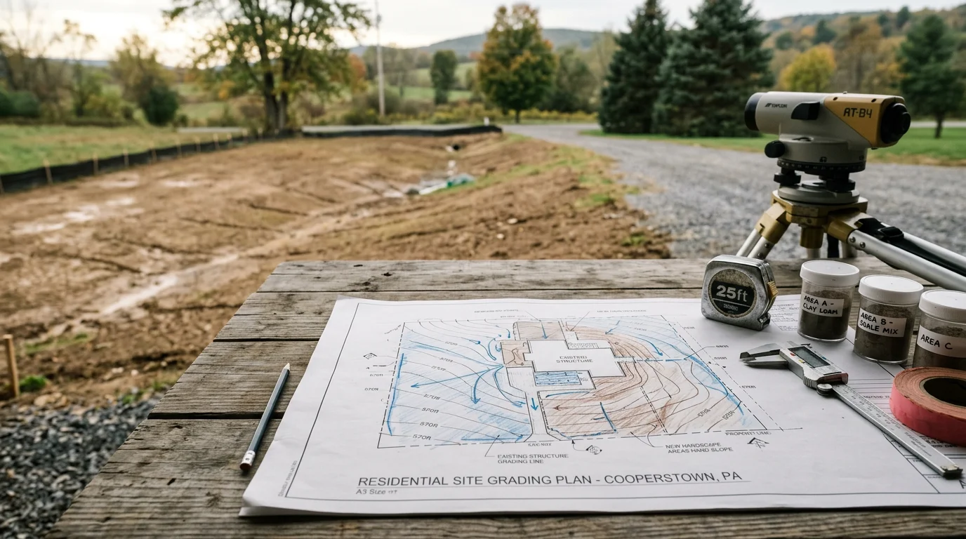 A freshly designed residential landscape in Cooperstown, Pennsylvania, showing defined planting beds, graded lawn areas, and layered shrubs along a home's foundation. The yard reflects a practical layout suited to western Pennsylvania's clay soils and seasonal weather.