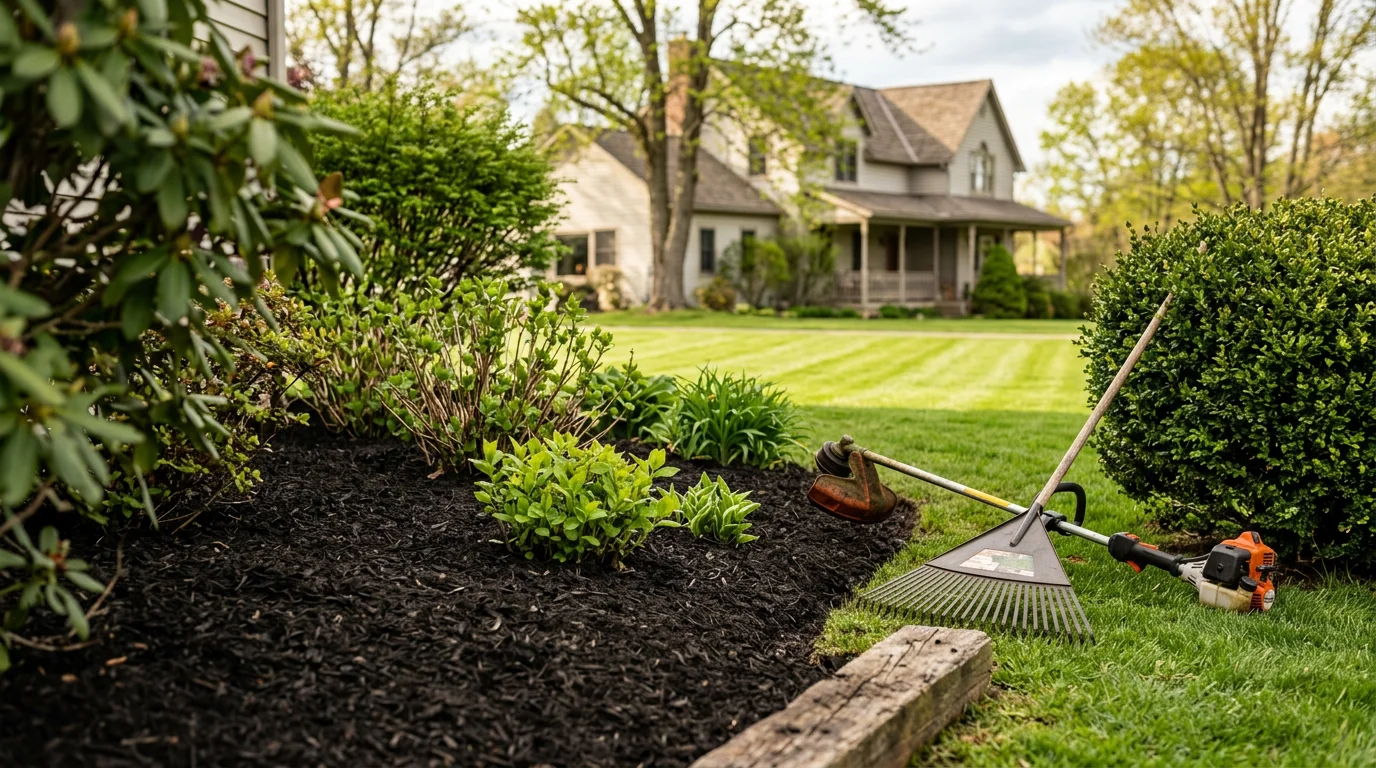 A neatly maintained residential lawn with trimmed edges and clean landscape beds in Cooperstown, Pennsylvania. A crew from Doyle's Outdoor Solutions performs routine mowing and shrub trimming on a property in Venango County.