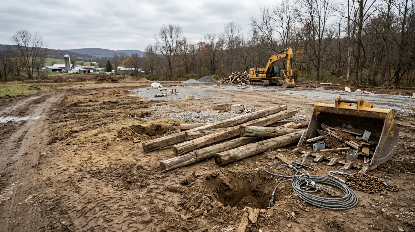 A cleared rural property in the Cooperstown, Pennsylvania area after pole building removal, showing bare ground where a post-frame structure previously stood with no remaining debris or posts.