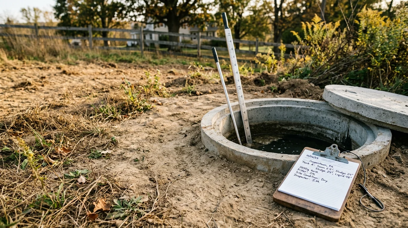 A septic system technician inspecting an uncovered septic tank on a rural residential property in Cooperstown, Pennsylvania, with a grassy yard and wooded surroundings visible in the background.
