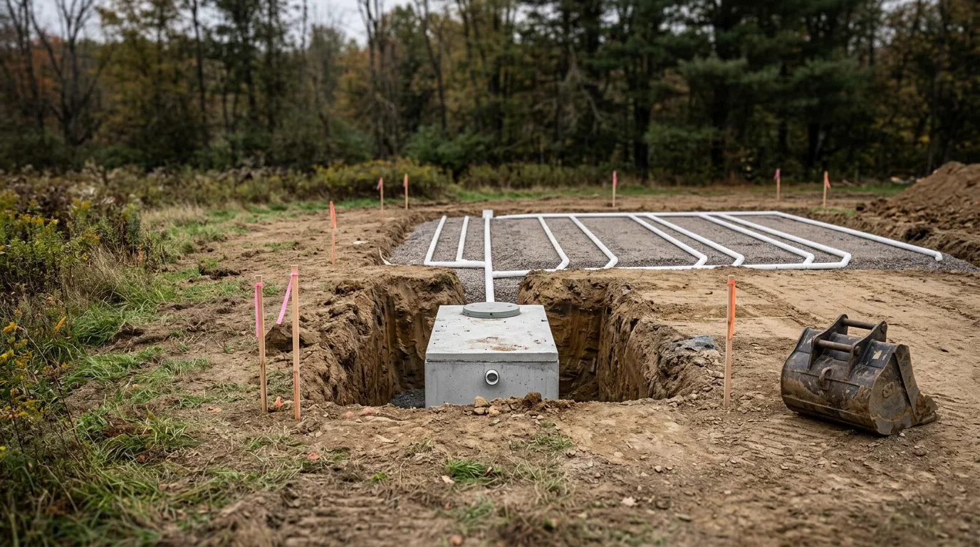 A newly installed septic system with a concrete tank set in excavated ground on a rural residential property in the Cooperstown, Pennsylvania area. Fresh soil surrounds the tank and drain field trenches extending across a grassy lot.