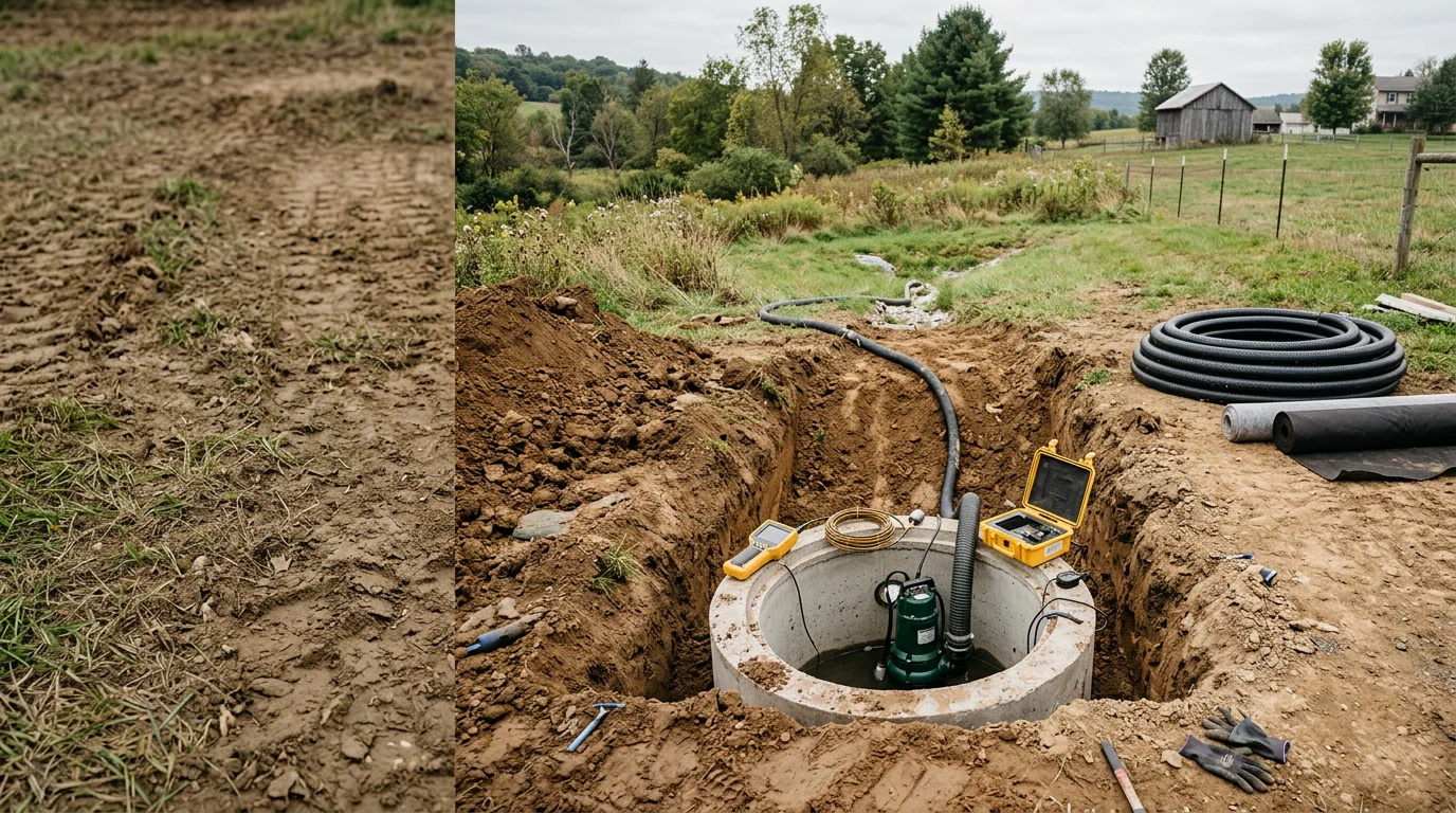 A septic system repair in progress on a rural residential property near Cooperstown, Pennsylvania, with exposed tank components and a technician assessing a damaged drain line. Surrounding yard shows signs of prior wastewater surfacing that the repair work is addressing.