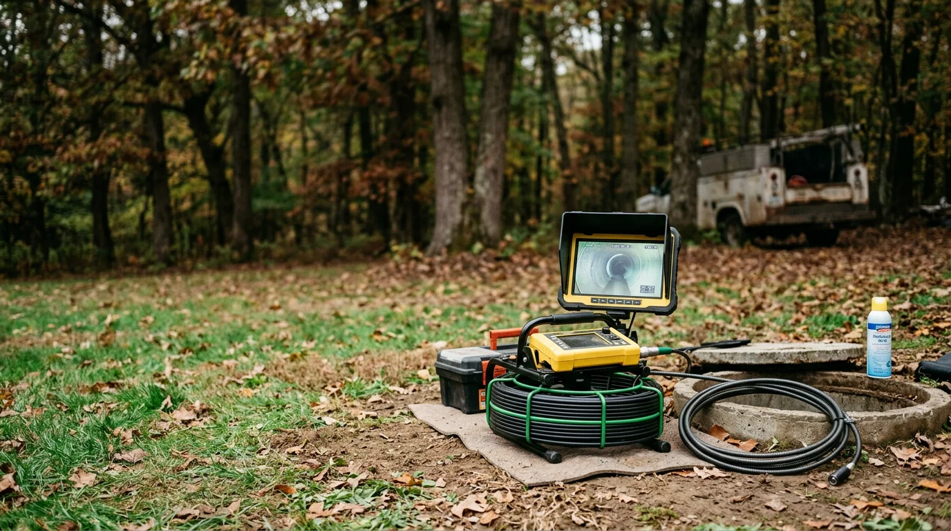 A sewer camera being fed into a pipe cleanout access point at a rural residential property in Cooperstown, Pennsylvania. The monitor beside the technician displays a live video feed of the interior of the sewer line.