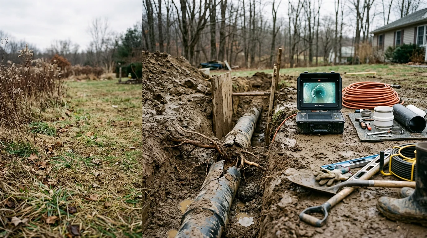 A repaired residential sewer line trench in a western Pennsylvania yard near Cooperstown, showing exposed pipe sections being restored. A service truck from Doyle's Outdoor Solutions LLC is visible in the background on a rural property.