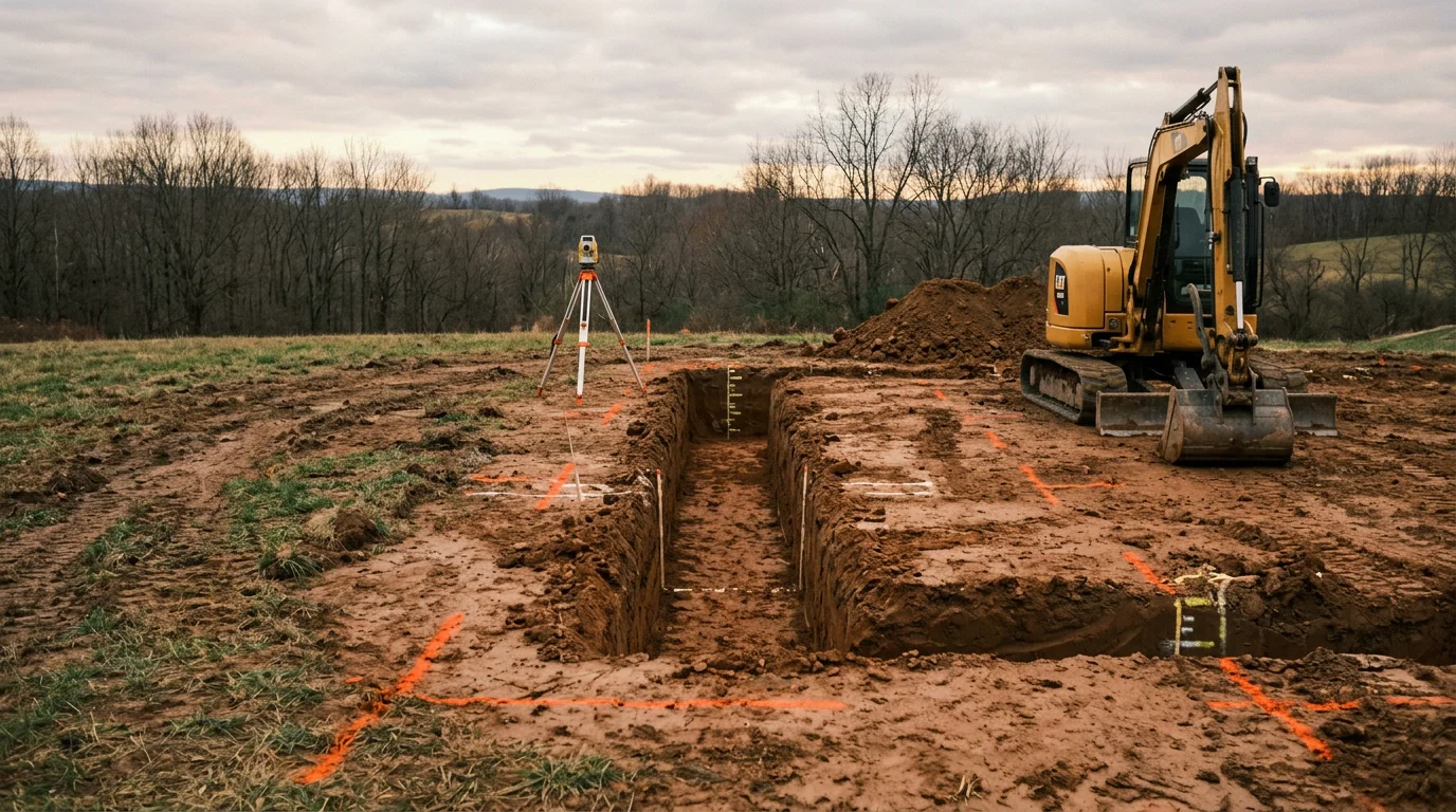 A tracked excavator digging a deep foundation cut on a residential lot in Cooperstown, Pennsylvania, with clay soil spoil piled to the side and a cleared building pad visible in the foreground.