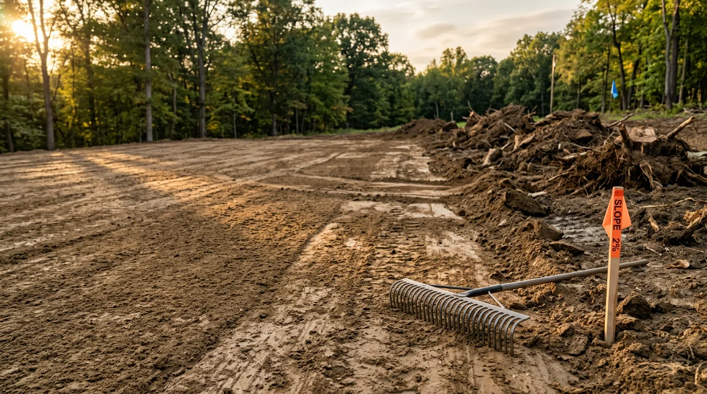 A cleared and freshly graded building site in Cooperstown, Pennsylvania, with compacted soil and defined drainage slope ready for foundation work. An excavator is visible at the edge of the prepared lot surrounded by rural wooded terrain.