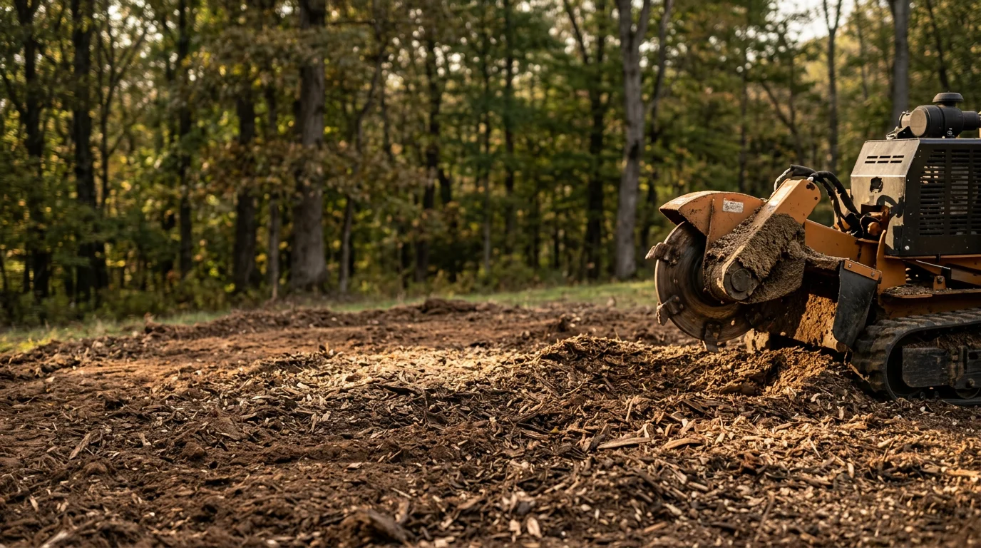 A freshly ground tree stump on a residential property in Cooperstown, Pennsylvania, with wood chips spread across the leveled soil patch. The surrounding lawn and yard are undisturbed, showing the clean result of professional stump grinding.