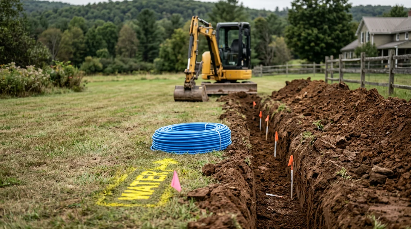 An excavated trench running across a rural northwestern Pennsylvania property with a waterline set in bedding material, ready for backfill. A tracked excavator sits alongside the open trench on a residential lot near Cooperstown.